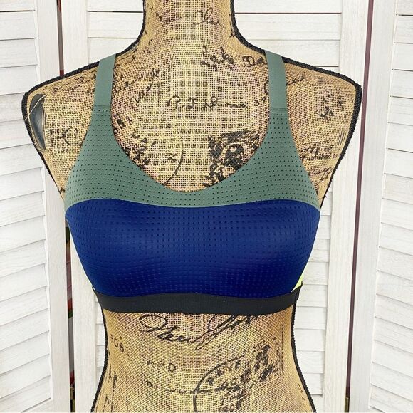 Victoria’s Secret Sport Color Block Lightweight Sports Bra Olive Green Blue 34B - Picture 1 of 11